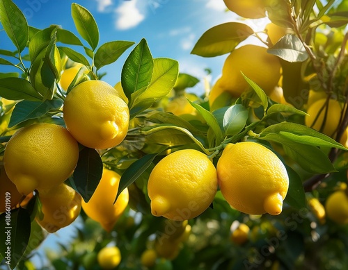 Plenty of ripe lemons on the lemon tree in the orchard. View at the branch from below.