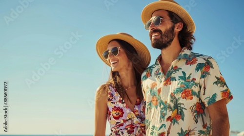 A man and woman dressed in floral summer clothes stand confidently by a beach with clear blue sky