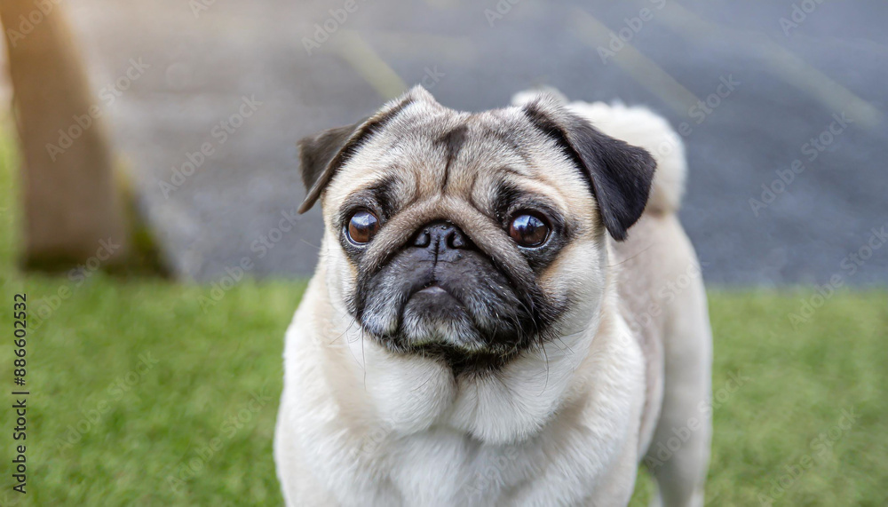 pug dog with gray fur exposing only half of head. pug dog with gray fur exposing only half of head.