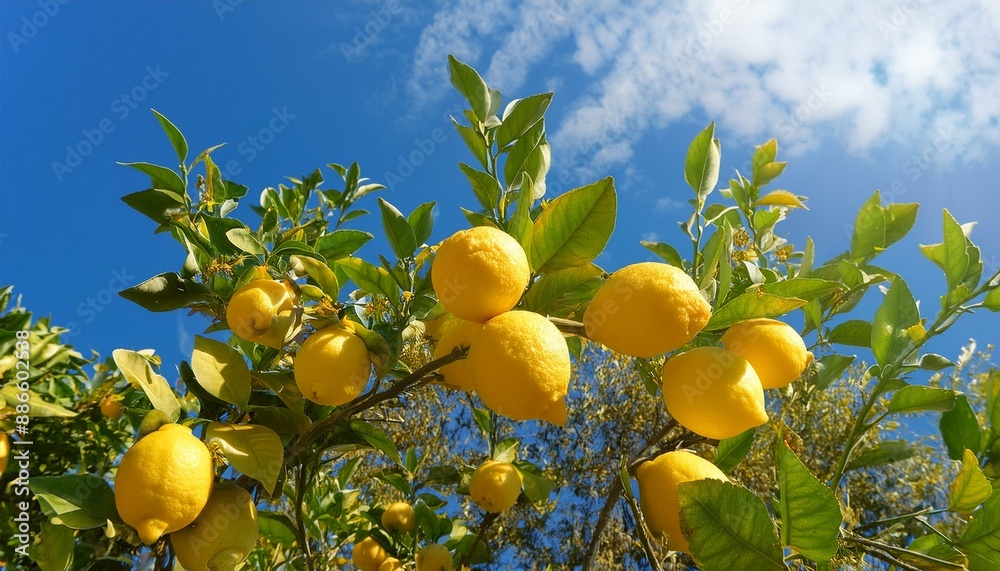 Ripe lemon fruits on lemon tree and blue sky at the background. View below. Ripe lemon fruits on lemon tree and blue sky at the background. View below.