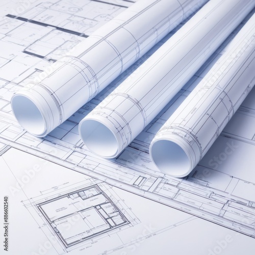 Blueprints of Success: Three neatly rolled blueprints lie atop a partially unfolded sheet of architectural plans, symbolizing precision, detail, and the meticulous planning that goes into building dre photo