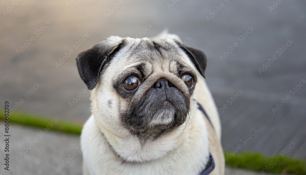 pug dog with gray fur exposing only half of head. pug dog with gray fur exposing only half of head.