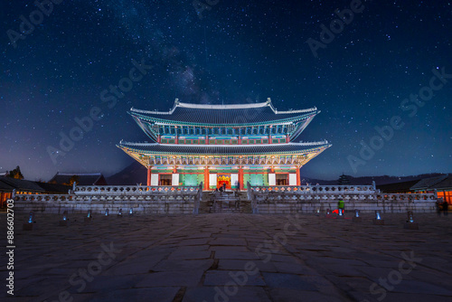 Gyeongbokgung Palace at night with the Milky Way in the background, South Korea. photo