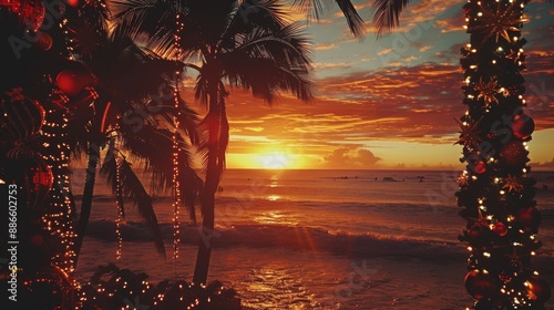 Festive Tropical Sunset with Decorated Palm Trees and Ocean View