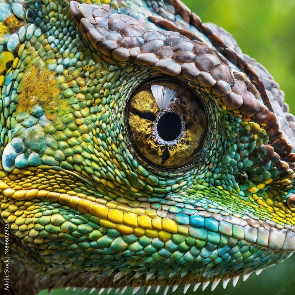 Fototapeta premium A close-up of a green iguana's head with detailed scales showcases its reptilian features