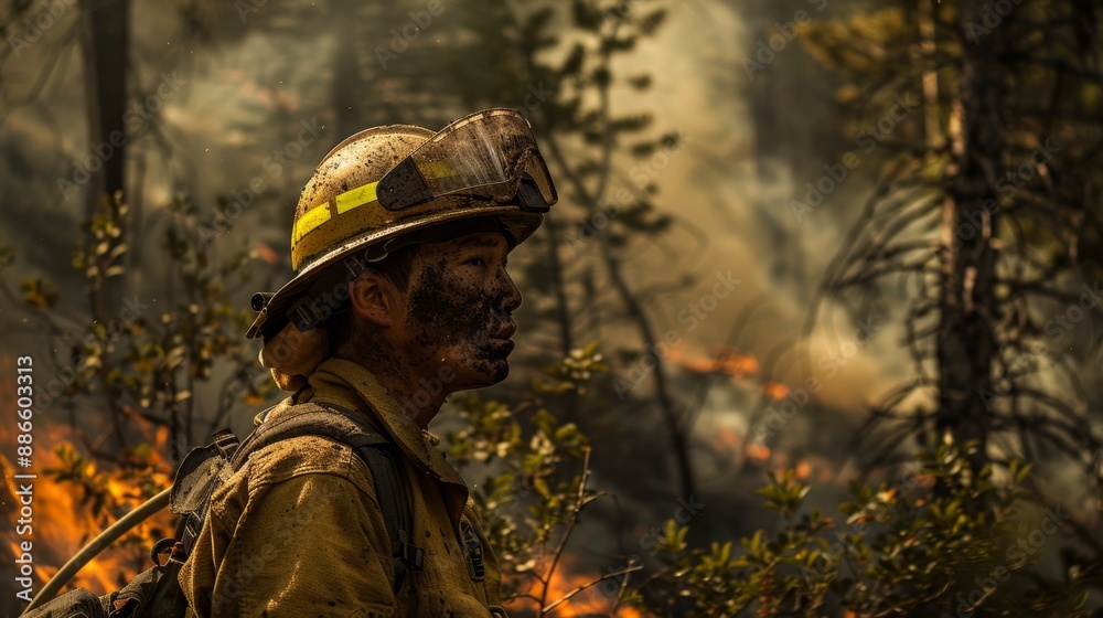 Brave Firefighter Battling Intense Wildfire in Forest Brave Firefighter Battling Intense Wildfire in Forest