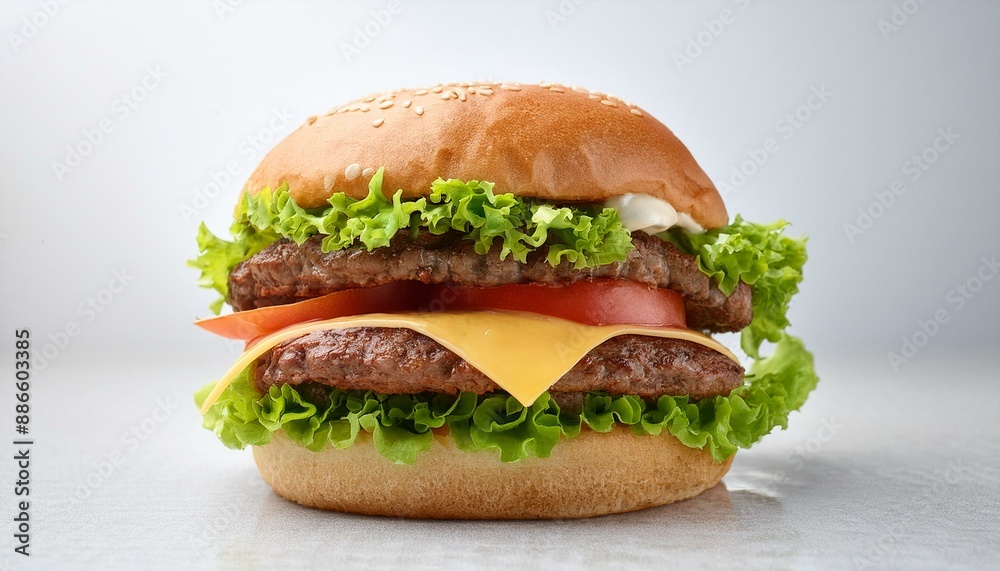 Tasty burger with double beef patty, cheese and lettuce on white background. Tasty burger with double beef patty, cheese and lettuce on white background.