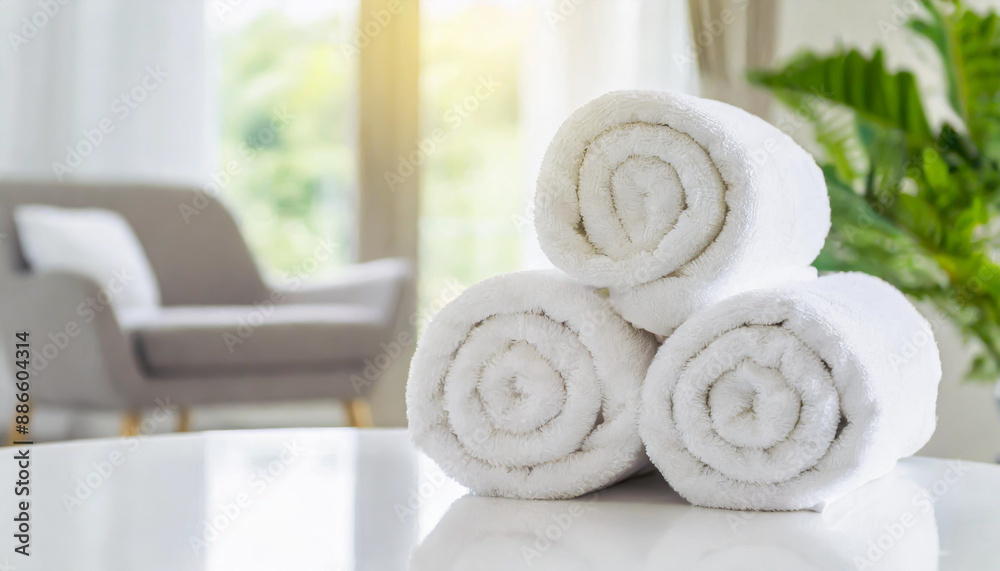 roll up of white towels on white table with copy space on blurred living room background roll up of white towels on white table with copy space on blurred living room background