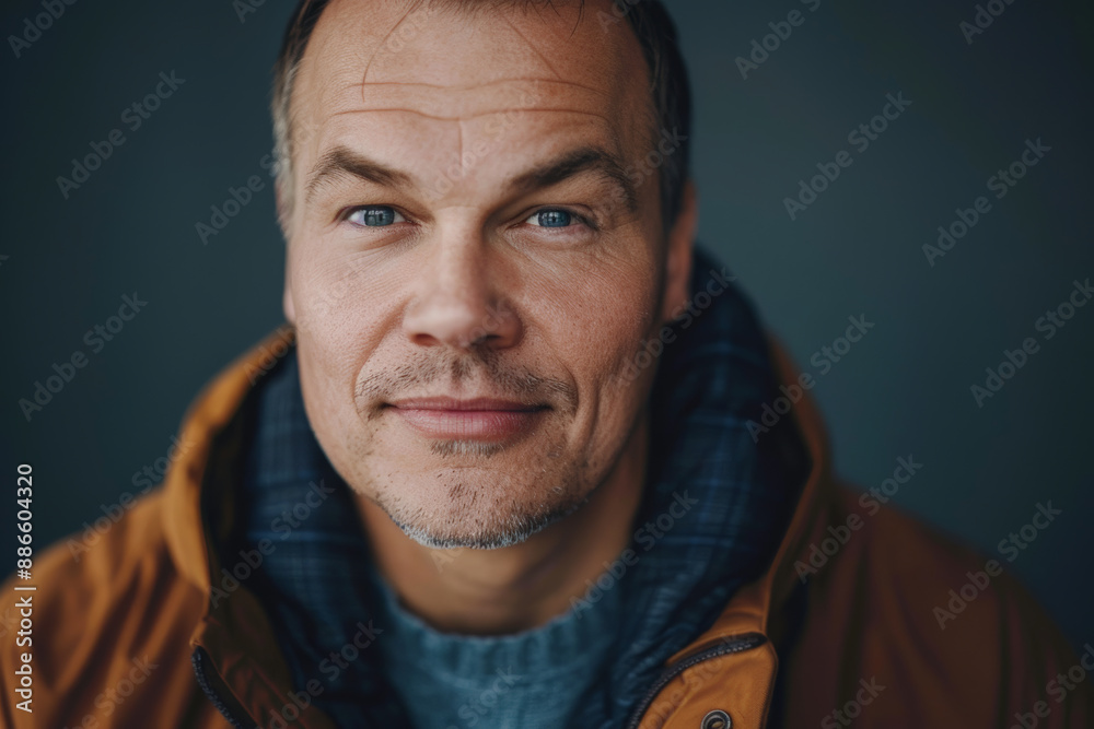 Obraz premium Close-up portrait of a middle aged man of European descent, studio photo, against a sleek gray studio backdrop