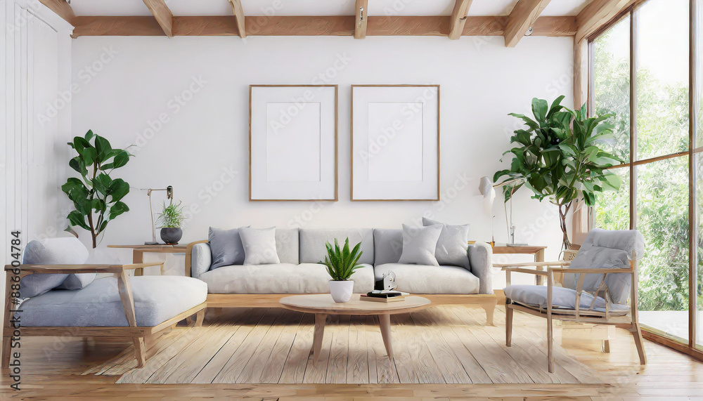 Scandinavian interior poster mock up with horizontal wooden frames, light grey sofa on wooden floor, wooden side table and green plant in living room with white wall. 3d illustrations. Scandinavian interior poster mock up with horizontal wooden frames, light grey sofa on wooden floor, wooden side table and green plant in living room with white wall. 3d illustrations.