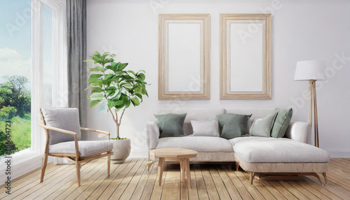 Scandinavian interior poster mock up with horizontal wooden frames, light grey sofa on wooden floor, wooden side table and green plant in living room with white wall. 3d illustrations.