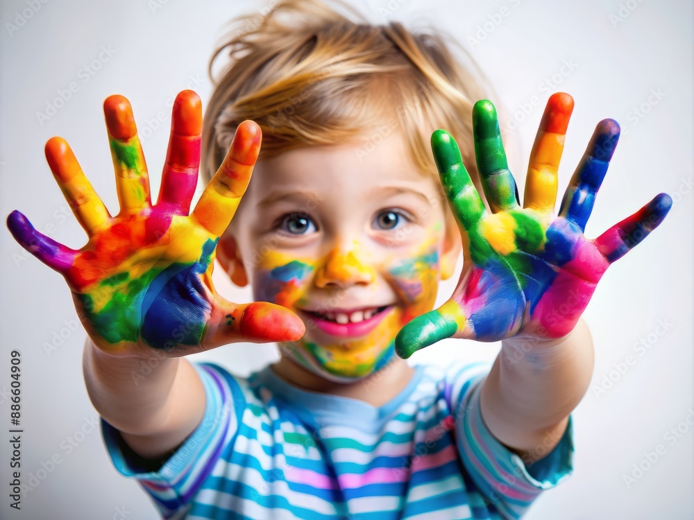 Vibrant rainbow paint smeared on small hands, colorful streaks and swirls cover tiny fingers, a creative mess on a white background, childhood imagination at work. Vibrant rainbow paint smeared on small hands, colorful streaks and swirls cover tiny fingers, a creative mess on a white background, childhood imagination at work.