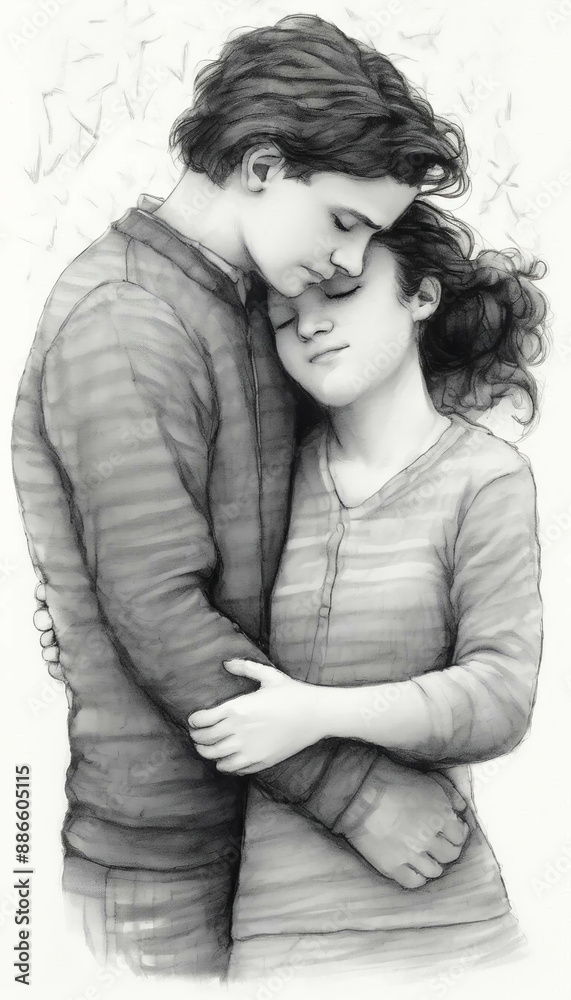 drawing with fine lines and shading, with an emphasis on capturing the essence of human experiences and emotions: love, friendship, tenderness drawing with fine lines and shading, with an emphasis on capturing the essence of human experiences and emotions: love, friendship, tenderness