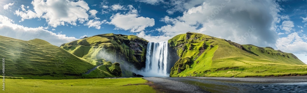 Fototapeta premium Majestic Waterfall Cascading Down Green Hills in Iceland