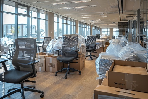 Modern Office Room Prepared for Relocation, Featuring Plastic-Wrapped Chairs and Packed Furniture Tables, Ready for Professional Moving Service