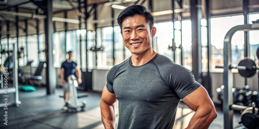 Fit Asian fitness trainer smiles confidently at the camera, wearing sporty attire, standing in a modern gym setting, conveying a healthy and active lifestyle concept. Fit Asian fitness trainer smiles confidently at the camera, wearing sporty attire, standing in a modern gym setting, conveying a healthy and active lifestyle concept.