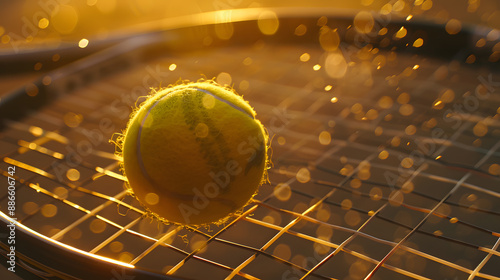 A tennis ball is sitting on a tennis net