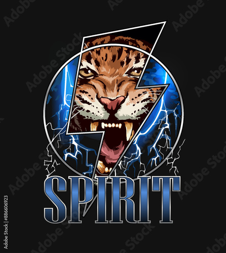 spirit slogan with angry leopard in thunder symbol and lightnings hand drawn vector illustration on black background