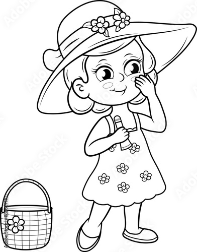 Niña cuidando su piel aplicándose crema para protegerse del sol, ilustracion vectorial en blanco y negro.