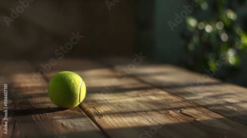 A tennis ball is sitting on a wooden table