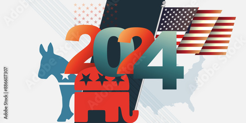 US Presidential Election VOTE 2024 Banner, Background, web, layout template. America states map, American election campaign concept	
