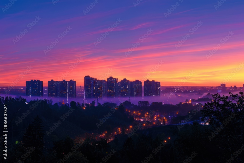 Fototapeta premium Cityscape Silhouette at Dusk with Fog.