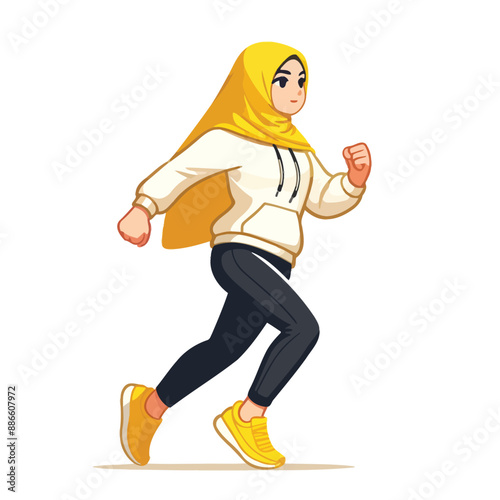 Cartoon of a Muslim woman wearing a headscarf jogging