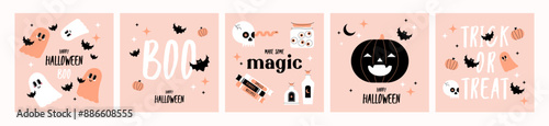 Happy Halloween. Set of cute Vector flat cartoon cards with bats, pumpkins, ghosts, and Halloween wishes. Trendy flat design for decoration, ads, greetings, banner, poster, cover, print
