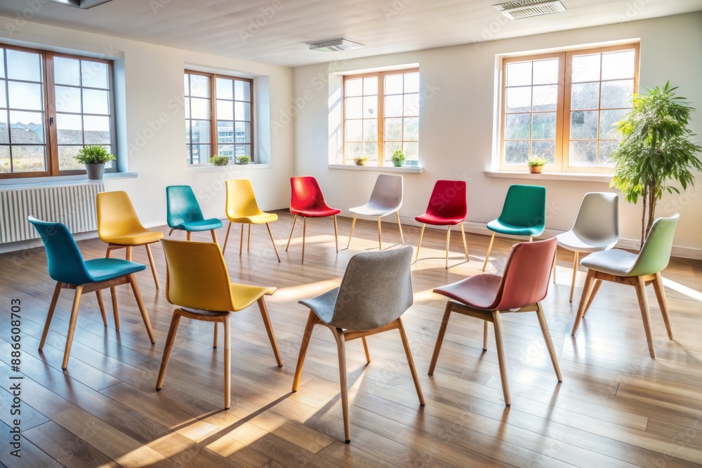 Empty circle of chairs in a bright modern room awaiting a diverse group of young adults for a collaborative therapy or support session. Empty circle of chairs in a bright modern room awaiting a diverse group of young adults for a collaborative therapy or support session.