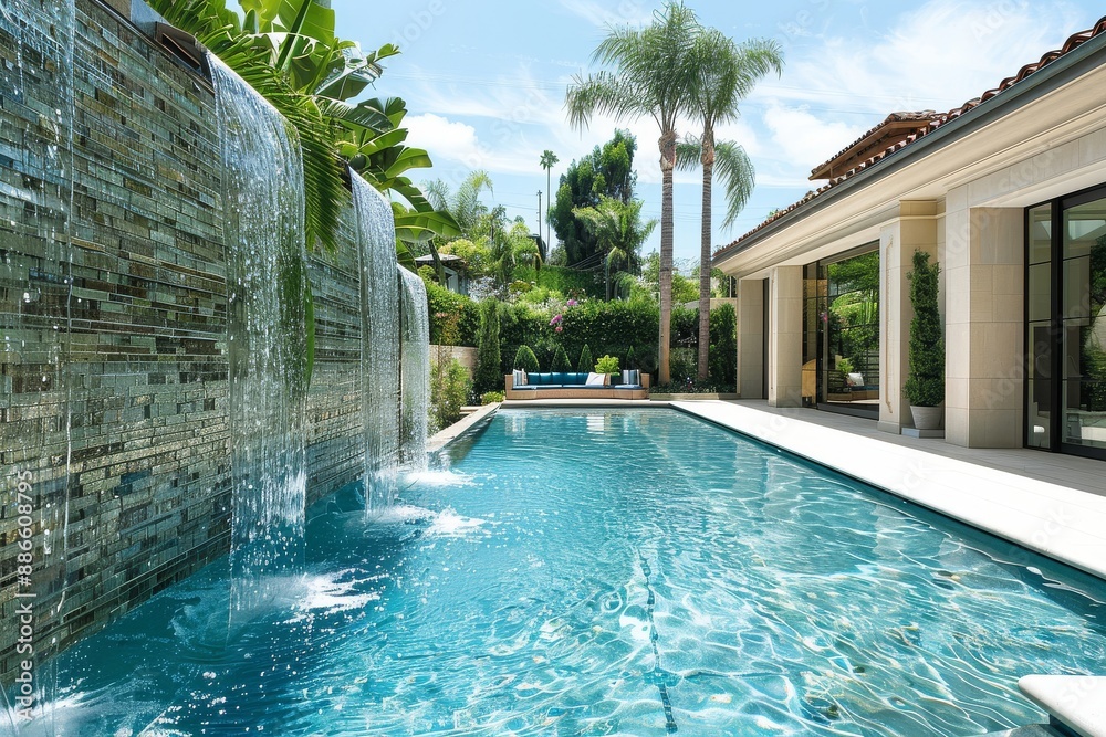 Fototapeta premium Modern Pool with Water Walls and Glass Mosaic Tiles, Outdoor Seating with Wicker Chairs, Overlooking Sunlit Hollywood Hills on a Sunny Day