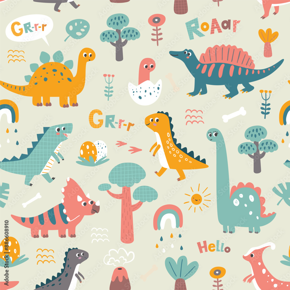 Kids baby pattern with cute dinosaurs, volcano, dino egg, rainbow and trees Kids baby pattern with cute dinosaurs, volcano, dino egg, rainbow and trees
