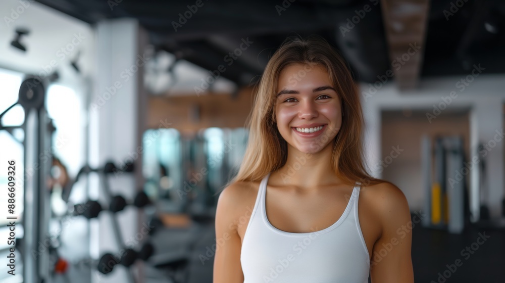 Fototapeta premium Smiling woman in a gym during the day.