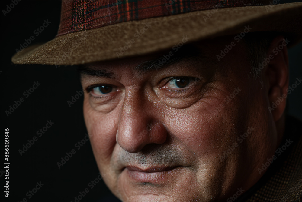 Close-up portrait of a middle aged Latino man, studio photo, against a sleek gray studio backdrop Close-up portrait of a middle aged Latino man, studio photo, against a sleek gray studio backdrop