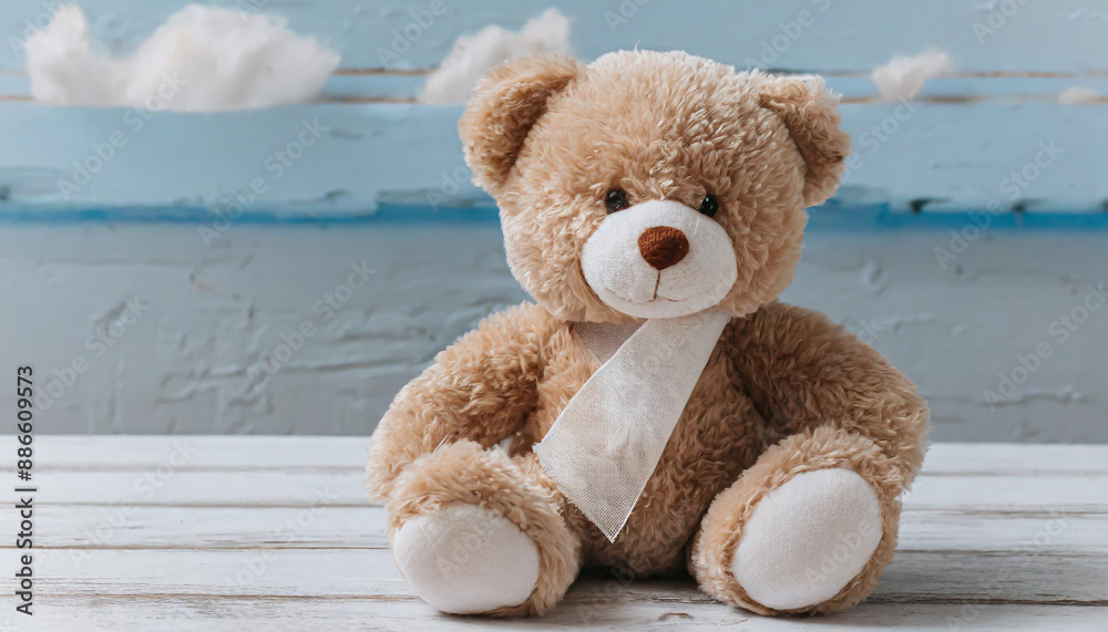 children's toy teddy bear sits with a bandaged head. Childhood trauma concept