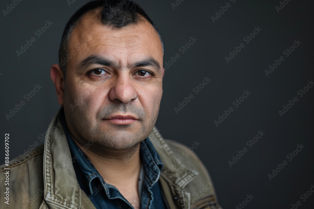 Obraz premium Close-up portrait of a middle aged Latino man, studio photo, against a sleek gray studio backdrop