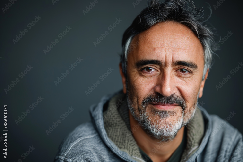 Close-up portrait of a middle aged Latino man, studio photo, against a sleek gray studio backdrop Close-up portrait of a middle aged Latino man, studio photo, against a sleek gray studio backdrop