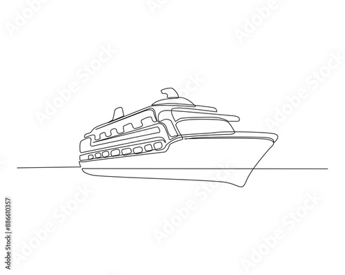 Continuous one line drawing of travel cruise ship. Cruise ship in simple outline illustration. Editable line vector