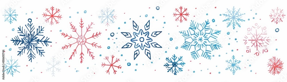 Fototapeta premium Colorful snowflakes in red and blue hues, scattered on a white background, perfect for winter or holiday-themed designs and decorations.