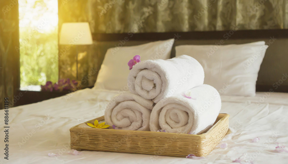Stack of clean towels with flowers on bed in apartment. Stack of clean towels with flowers on bed in apartment.