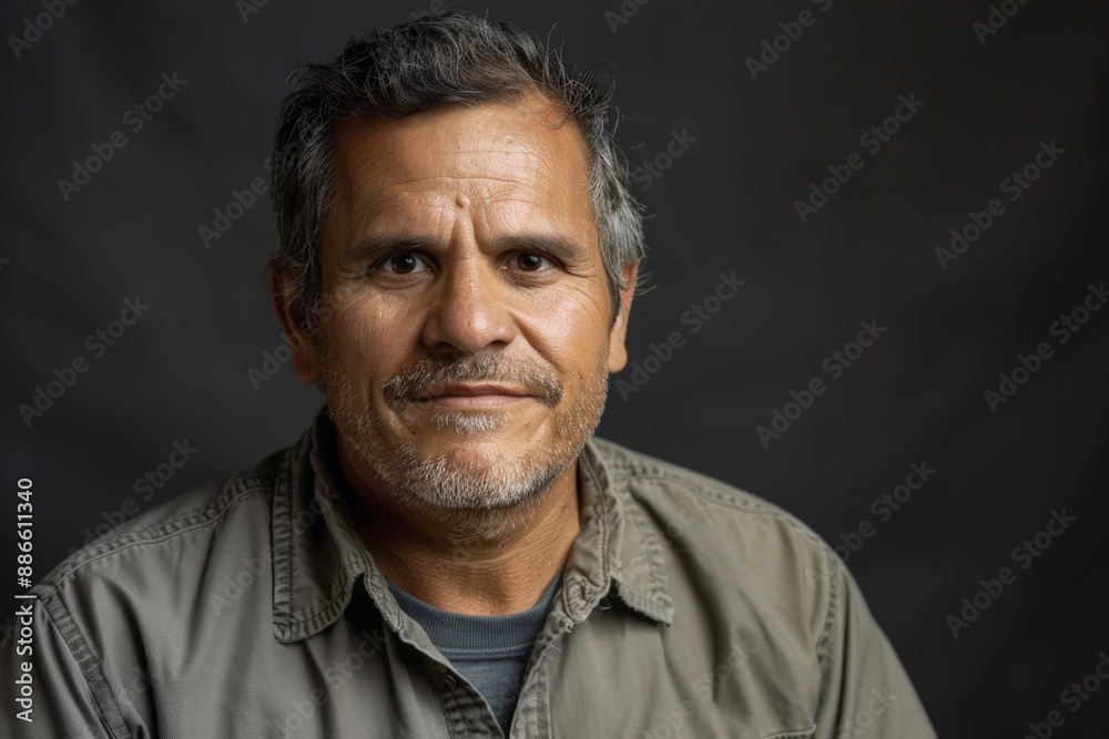 Close-up portrait of a middle aged Latino man, studio photo, against a sleek gray studio backdrop Close-up portrait of a middle aged Latino man, studio photo, against a sleek gray studio backdrop