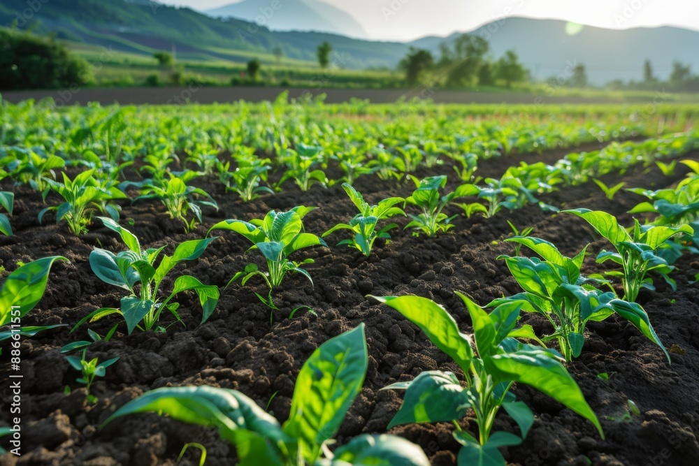 lush green tobacco plants growing in a field at sunset with rolling hills in the background - agricultural image lush green tobacco plants growing in a field at sunset with rolling hills in the background - agricultural image