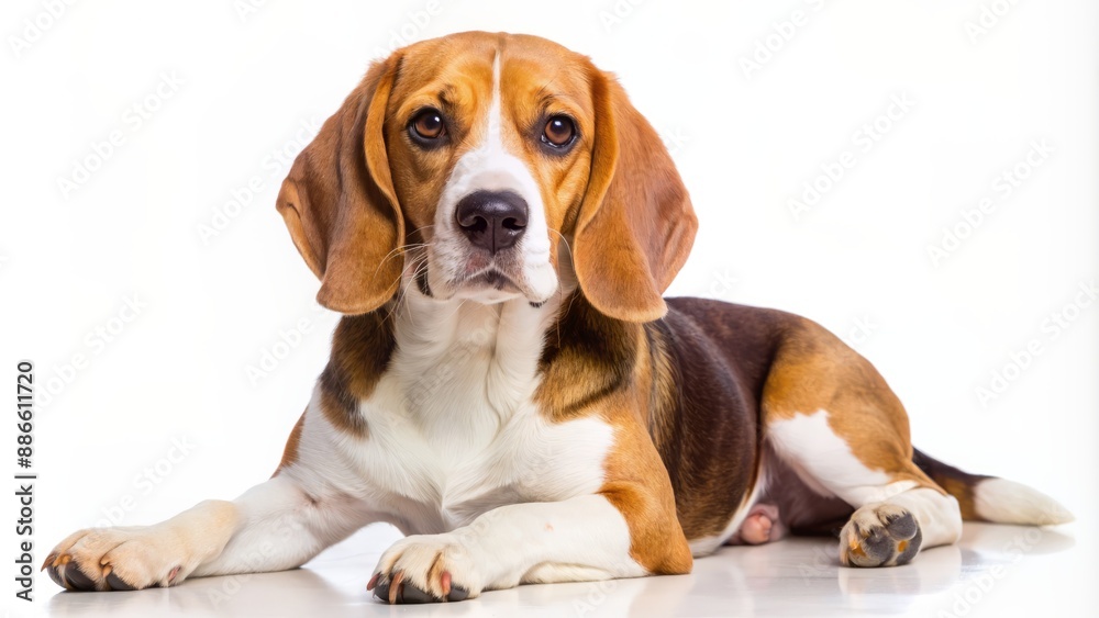 Adorable beagle dog poses, showcasing various expressions and angles, sitting, standing, portrait, and lying down, against a pristine white background, highlighting its cute features. Adorable beagle dog poses, showcasing various expressions and angles, sitting, standing, portrait, and lying down, against a pristine white background, highlighting its cute features.