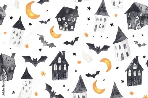Halloween watercolor pattern frame featuring haunted houses, bats, and crescent moons with starry night skies