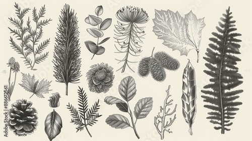 Detailed botanical illustration showcasing various coniferous trees, ferns, leaves, and pine cones in a vintage style