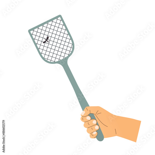 mosquito and hand holding fly swatter, concept of eliminate insects at home- vector illustration
