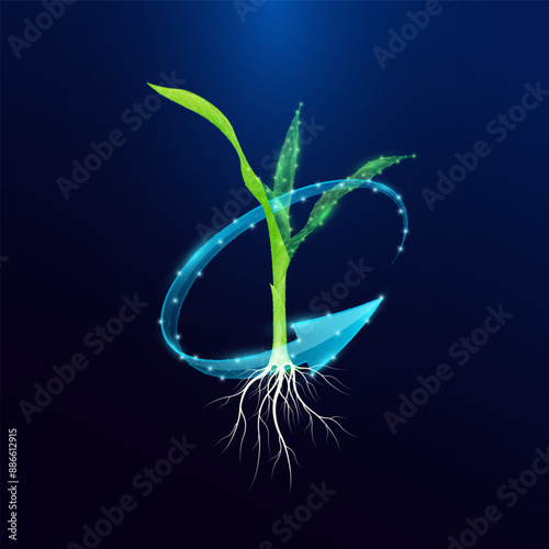 Green seedling growing from polygon surrounded by blue arrows. Agriculture environment concept. Smart farm applying technology in cultivation agriculture industry. Vector EPS10.