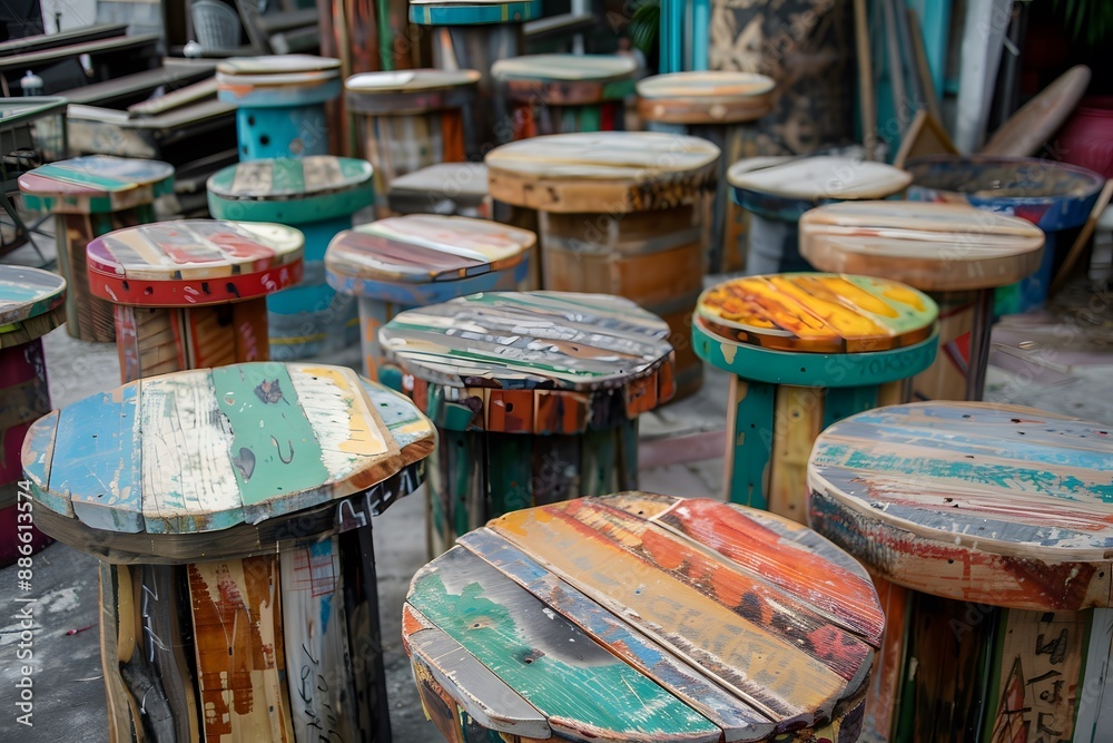 Colorful Wooden Stools Arranged in a Row