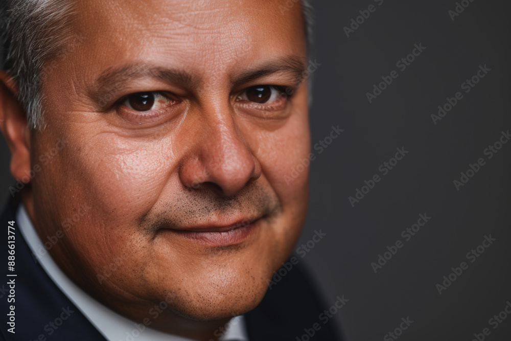 Close-up portrait of a middle aged Latino man, studio photo, against a sleek gray studio backdrop Close-up portrait of a middle aged Latino man, studio photo, against a sleek gray studio backdrop