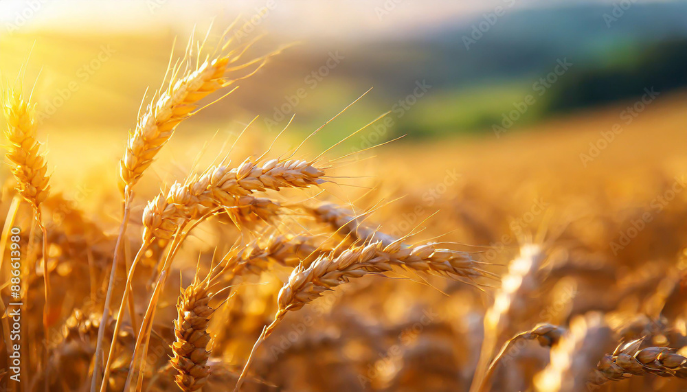 Wheat field. Ears of golden wheat close up. Beautiful Nature Sunset Landscape. Rural Scenery under Shining Sunlight. Background of ripening ears of wheat field. Rich harvest Concept Wheat field. Ears of golden wheat close up. Beautiful Nature Sunset Landscape. Rural Scenery under Shining Sunlight. Background of ripening ears of wheat field. Rich harvest Concept