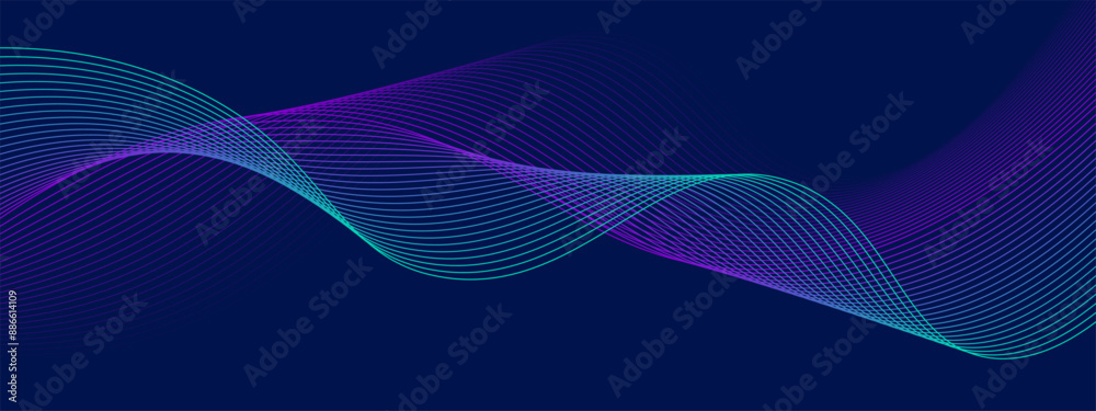 Abstract glowing wave lines on dark background. Gradient purple and green color wave lines element. Abstract glowing wave lines on dark background. Gradient purple and green color wave lines element.